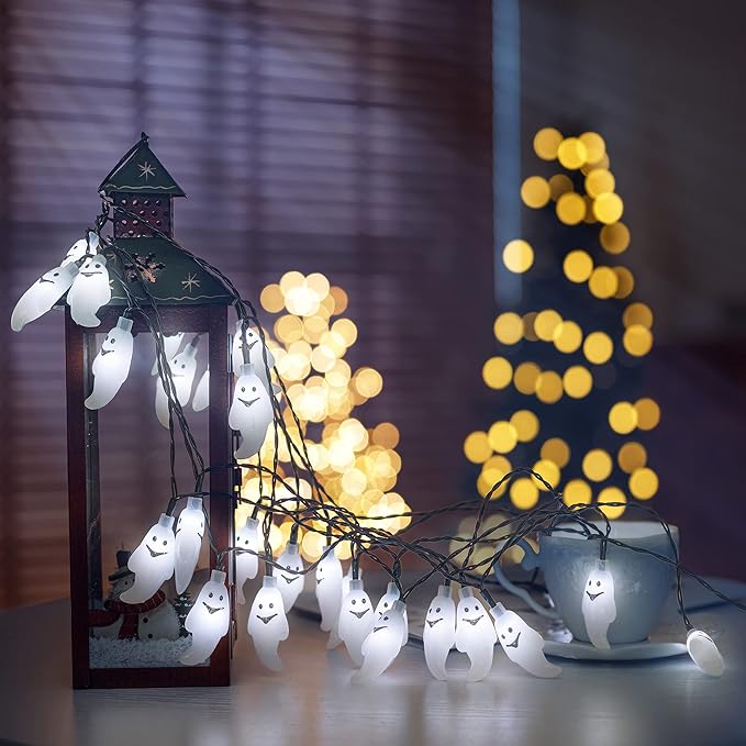 YOUNGAR Solar Halloween Ghost String Lights,2PACK 20ft 30 LED with 8 Modes Waterproof Solar String Lights,Outdoor Fairy Lights for Patio,Garden,Gate,Yard,Halloween Christmas(2Pack,Ghost)