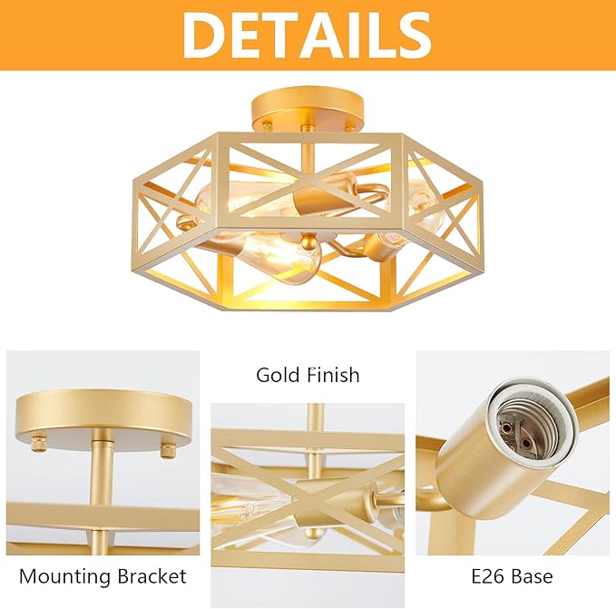 Flush Mount Ceiling Light, Gold Light Fixtures Ceiling Mount, 3 Light Modern Close to Ceiling Light Fixture with Metal Hexagon Cage Brass Lights for Kitchen, Hallway, Bathroom