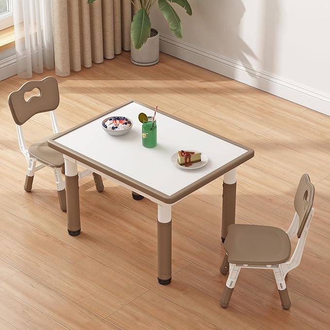 Toddler Table and 2 Chairs, Kids Table and Chair Set Height Adjustable, 31.5''L x 23.6''W Multifunctional Graffiti Desktop for Reading, Drawing, Eating, for Girls & Boys Age 2-10, Brown-02
