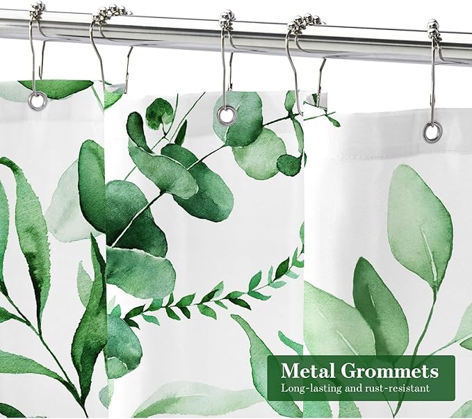 MitoVilla Green Spring Floral Shower Curtain, Modern Plants Botanical Fabric Cloth Shower Curtains for Chic Elegant Bathroom Decor, Summer Emerald Green Eucalyptus Leaf, 72x72
