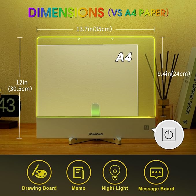 LED Drawing Board for Kids - Doodle Glow Note Board with Colors | Rechargeable Acrylic Dry Erase Board with Light & Touch Switch | 5H Battery, Glow Writing Pad for Toddlers & Artists