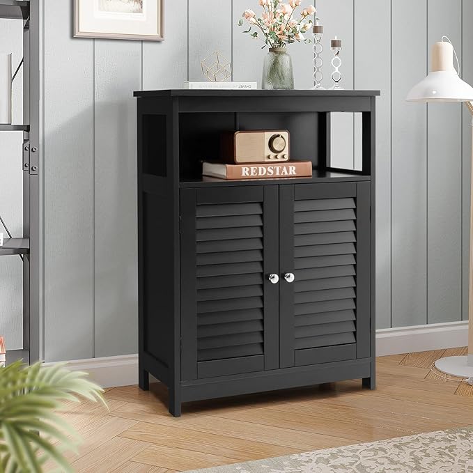 GLACER Bathroom Floor Cabinet, Wooden Storage Cabinet with Double Shutter Doors & 3-Position Adjustable Shelf, Side Storage Organizer, 23.5 x 12 x 31.5 inches (Black)