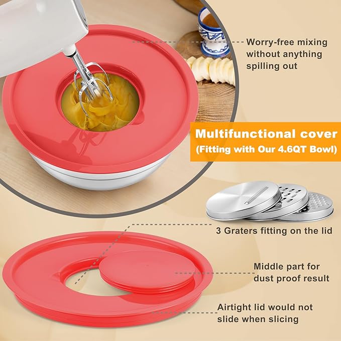 P&P CHEF Mixing Bowls with Lids Set of 6, Stainless Steel Nesting Salad Bowl & 3 Grater Attachments for Prepping Storing, 4.6/2.6/2/1.5/1/0.7 QT, Multicolor