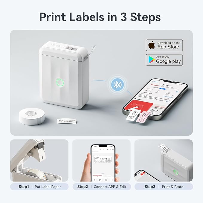 NIIMBOT D110 Upgraded Version Mini Label Maker Machine with Tape, Portable Bluetooth Thermal Printer, Sticker Labeler with Multiple Templates for Office Organization Home Kitchen School, White