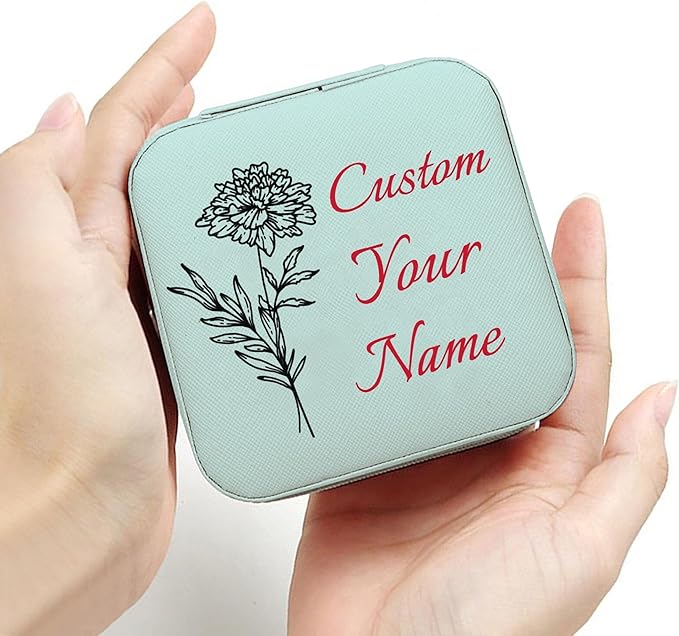 Personalized Jewelry Boxes for Women, Custom Travel Jewelry Case with Name and Birth Flower Month, Portable Jewelry Box Organizer for Mom Birthday Gifts (Blue Customizable)