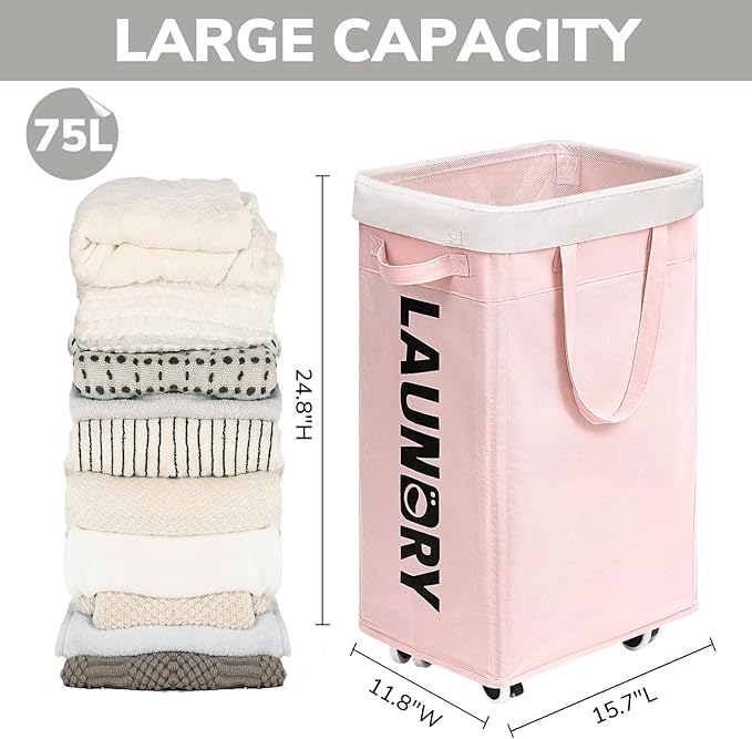 Goodpick Pink Laundry Baskets with Wheels 2-Pack, 75L Rolling Laundry Basket with Removable Wash Bags, Large Laundry Hamper for Corner Dorm, Collapsible Laundry Basket on Wheels