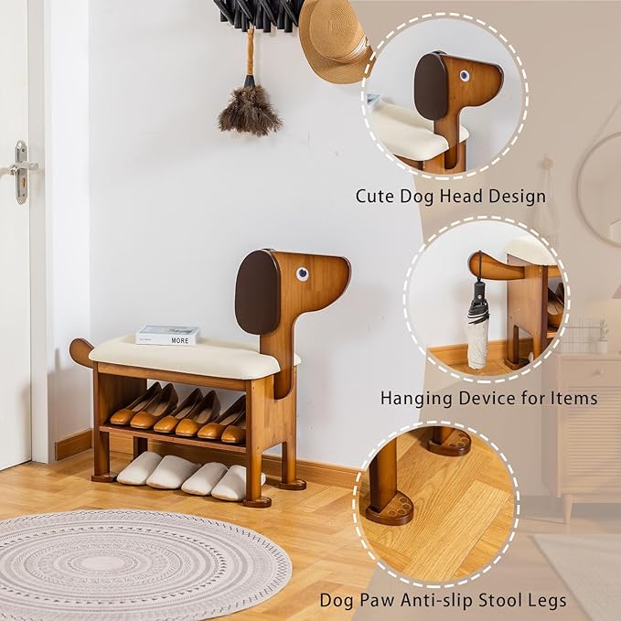 Shoe Bench – 2-Tier Wooden Entryway Organizer Cute Dog-Shaped with Pet-Inspired Design, 23.6 inchs Hallway & Living Room Bench