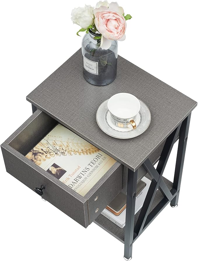 VECELO Nightstand,Modern Bedside End Table, Night Stand with Drawer and Storage Shelf for Living Room Bedroom, Industrial Metal Frame