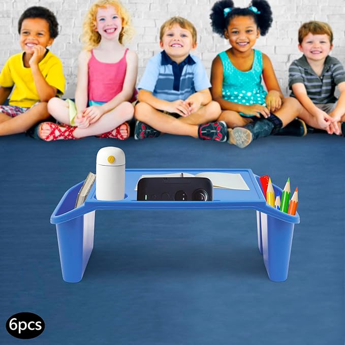 6 Pcs Kids Lap Desk Tray, Plastic Breakfast Lap Desk Trays with Side Pockets and Slot, Portable Lap Table Snack Tray for Eating, Writing, Drawing, Game, 19.69" L x 9.84" W x 7.1" H (Blue*6)