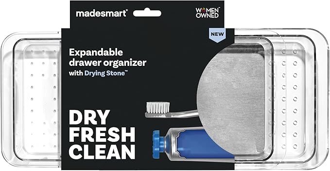 madesmart Expandable Dental Tray Drawer Organizer with Drying Stone, Clear Plastic Drawer Organizer for Toothbrush, Dental Floss, Water Flosser, Mouthwash