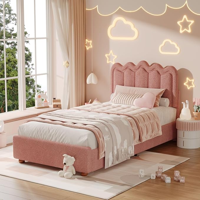 Twin Bed Frame with Headboard, Boucle Bed Frame, Soft Upholstered Platform Cloud Bedframe with Footboard, Solid Wood Legs, Solid Wooden Slats Support, No Box Spring Required, Easy Assembly