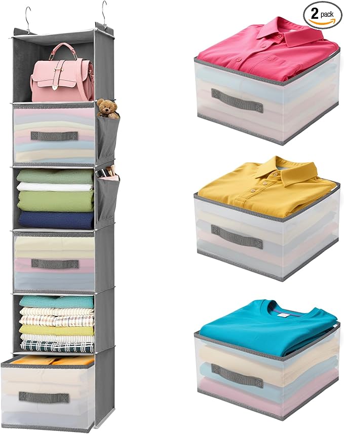 6-Tier Hanging Closet Organizer with Drawers and Side Pockets – Versatile Closet Storage for Shoes, Hats, Belts, and Purses