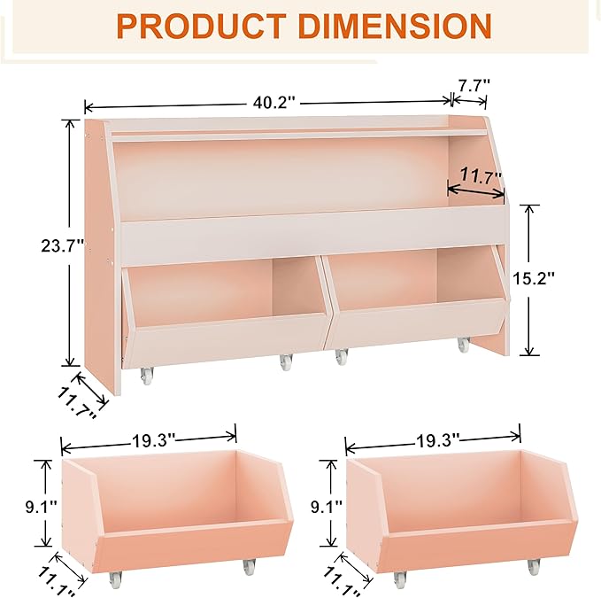 Toy Storage Organizer for Kids, Toy Storage Cabinet with Drawers, Boys and Girls Toy Shelf with Wheels, Toy Organizer Kids Bookshelf with Storage for Nursery, Playroom, Bedroom (Light Pink)