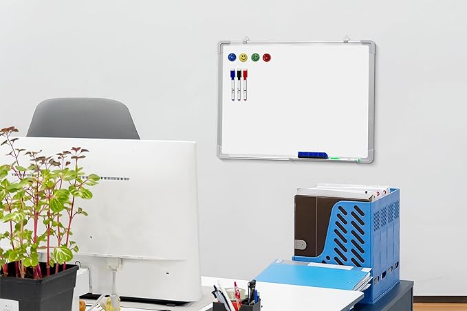 Whiteboard Set - Dry Erase Board 24 x 18 in with 1 Magnetic Dry Eraser, 4 Drywipe Markers and 4 Magnets - Small White Hanging Message Scoreboard for Home Office School (24x18 in)