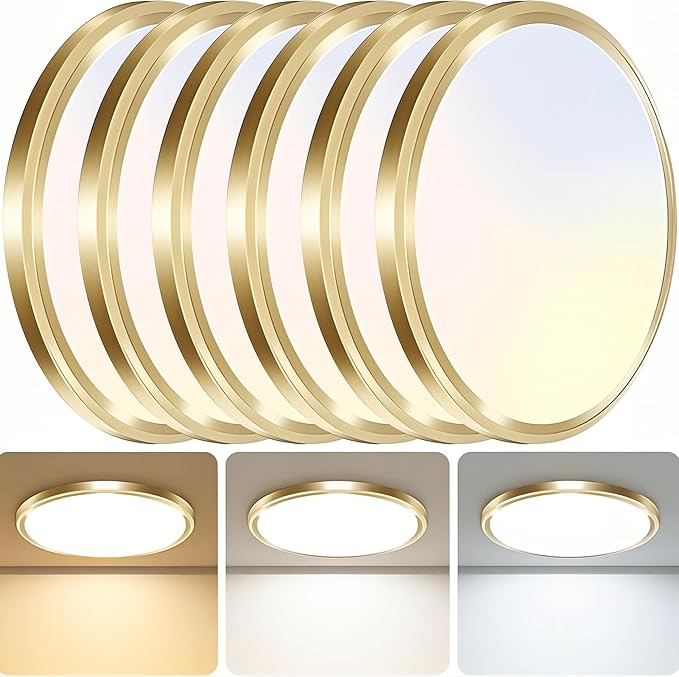 zemty 6Pack LED Ceiling Light Fixture, 6.5-Inch 12W 1200lm Small Flush Mount Light, Adjustable 3000K 4000K 6500K Color Temperatures, Round Flat Recessed Lamp for Kitchen Closet Hallway Laundry, Gold