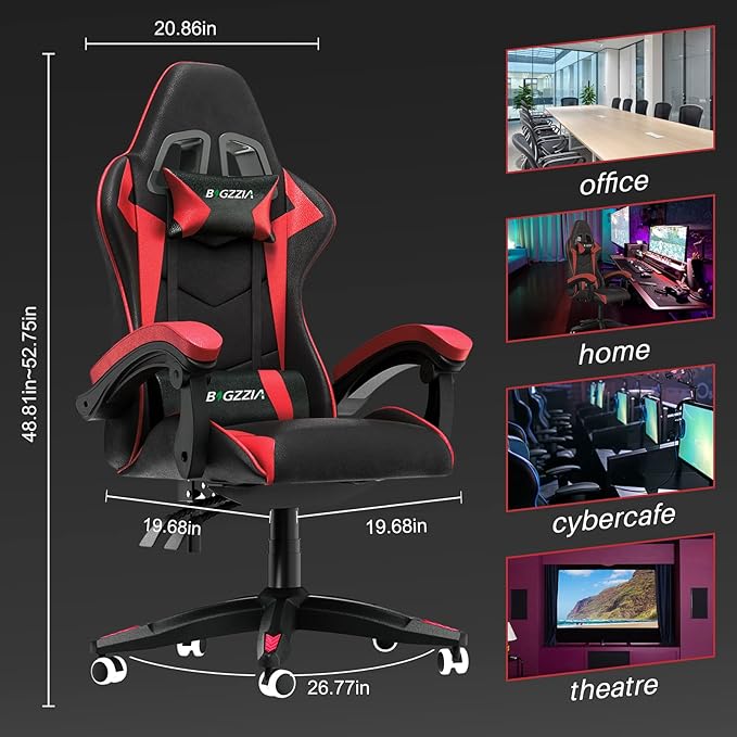 Gaming Chair High Back, Ergonomic Computer Gamer Chair with Headrest and Lumbar Support, Racing Style Reclining Game Chair for Adults, Kids (Red-Black)