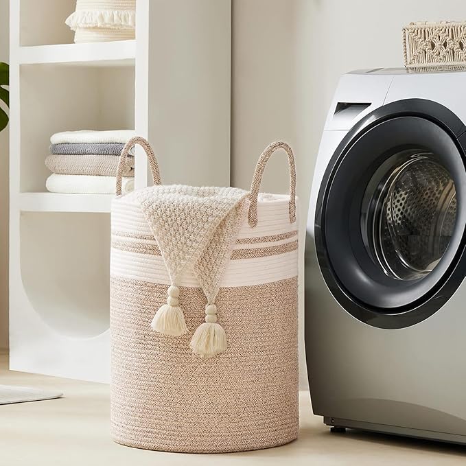 Woven Rope Laundry Hamper Basket, 100L Tall Laundry Basket, Baby Nursery Hamper for Blanket Storage, Clothes Hamper for Laundry in Bedroom-Extra Large-Brown