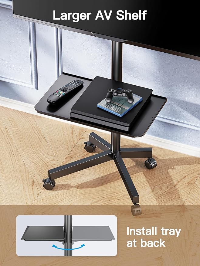 PERLESMITH Rolling TV Stand on Wheels for 23-60 Inch Flat Curved Screen TVs, Mobile TV Cart Height - Adjustable with Shelf/Tray, Portable TV Stand Holds up to 55 lbs, Max VESA 400x400mm, PSTVMC04