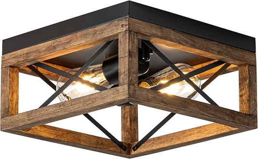 MAYNA Farmhouse Flush Mount Ceiling Light, 2-Light Rustic Ceiling Light with Metal and Wood, Farmhouse Hallway Light Fixtures for Kitchen Entryway Bedroom Dining Room