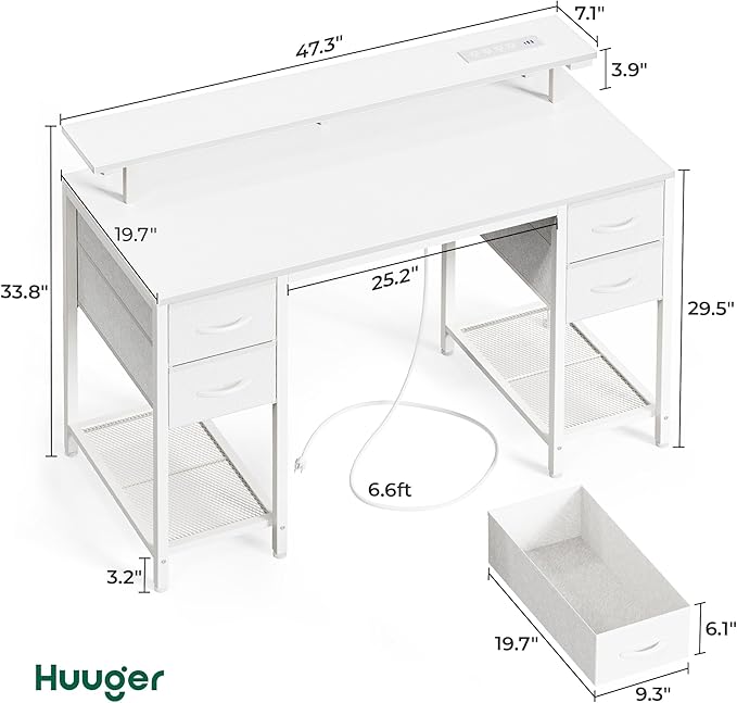 Huuger 47 inch Computer Desk with 4 Drawers, Gaming Desk with LED Lights & Power Outlets, Home Office Desk with Large Storage Space for Bedroom, Work from Home, White