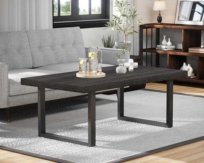 IBF Rustic Coffee Table, Wood and Metal Simple Industrial Modern Center Table, Minimalist Rectangle Wooden Farmhouse Cocktail Table for Living Room, Dark Gray Oak, 47 Inch