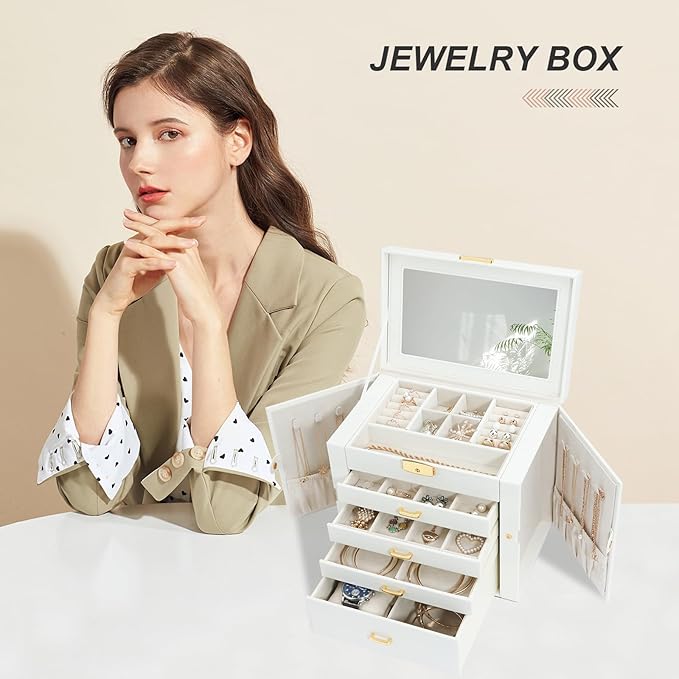 Jewelry Box for Women, 5-Layer Jewelry Organizers Box, Large Jewelry Storage Box for Girls, Jewelry Holder Organizers Gift for Valentine's Day, Christmas, New Year (White)