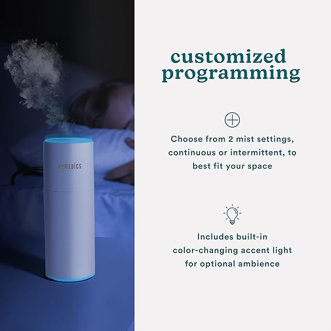 Homedics Portable Humidifier - Small Air Humidifiers for Bedroom, Plants, Office, Travel - Cool Mist Humidifiers, Color-Changing Accent Light, 2 Mist Settings, White