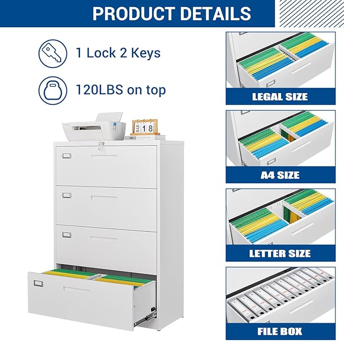 Lateral File Cabinet with Lock, 4 Drawer Large Metal Filing Cabinet,Home Office Lockable Storage Cabinet for Hanging Files Letter/Legal/F4/A4 Size-Assembly Required