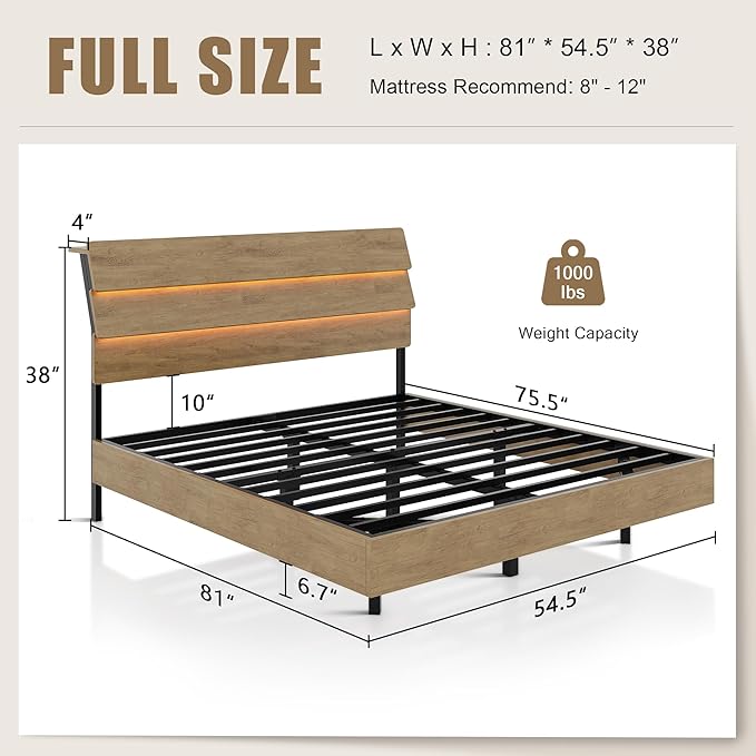 Floating Bed Frame Full Size with Charging Station & Led, Metal Platform Bed Base with Storage Headboard, Heavy Slats Support, No Box Spring Needed, Noise Free, Remote Control, Oak