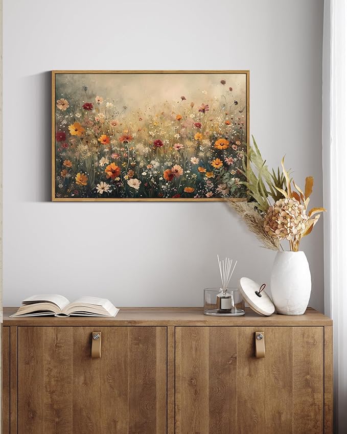 InSimSea Framed Canvas Wall Art Vintage Decor, Wall Decor for Living Room Bedroom Office Bathroom, Large Nature Landscape Flower Wildflower Oil Painting Prints, Home Decorations, 16x24inch