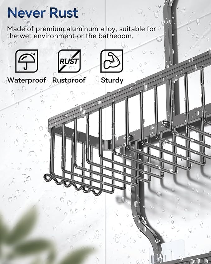 YASONIC Shower Caddy Hanging - Never Rust Organizer - Aluminum over The head caddy with 10 Hooks for Razor/Sponge - Shower Rack with Soap Basket - Grey