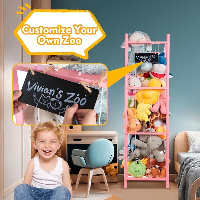 Large Stuffed Animal Storage, Wooden Stuffed Animal Storage Zoo, Toy Holder, Space Saving Toy Zoo for Kidroom, Playroom, Kid’s Gift, Pink