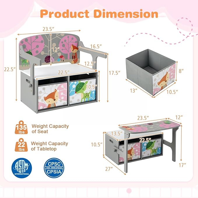 HONEY JOY Kids Table and Chair Set, 3-in-1 Convertible Wooden Toy Storage Bench with Handle, 2 Bins for Kids Reading Nook, Toddler Table and Chair Set for Daycare Playroom Classroom (Gray)