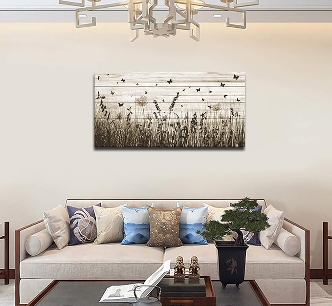 Wildflower Wall Art Autumn Canvas Picture Butterfly Grass Dandelion Artwork Vintage Wooden Board Painting Prints for Bedroom Living Room Office Home Kitchen Wall Decor Framed Ready to Hang 24" x 48"