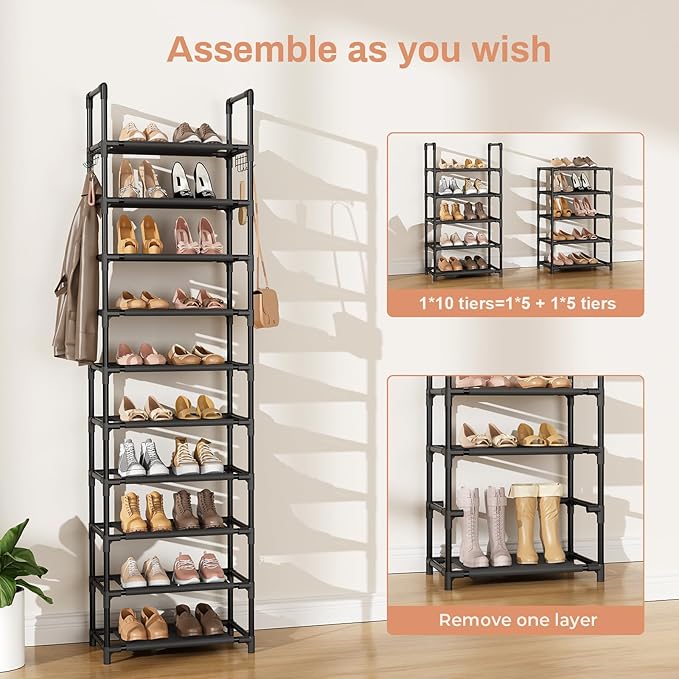 10 Tiers Shoe Rack 20-25 Pairs Large Capacity Tall Shoe Organizer Sturdy Shoe Storage with Two Hooks Metal Narrow Shoe Rack for Closet, Entryway, Bedroom, Black