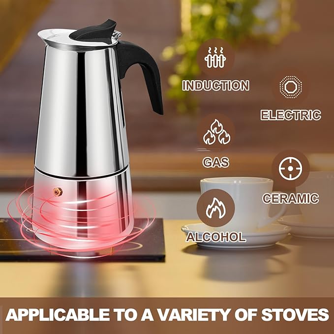 4 Cup Stovetop Espresso Maker Stainless Steel Moka Pot Stove Top Percolator Italian Coffee Makers Capable Mocha Greca Machine Cafe Classic Induction Cookers for Home and Camping 200ml 6.6oz