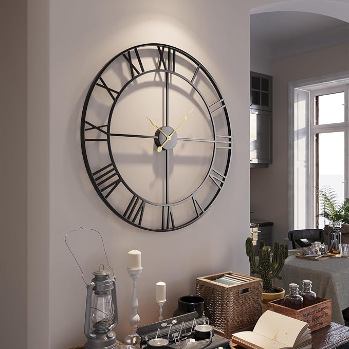 Large Wall Clock for Living Room Mantel Decor, 36 Inch Wall Clock Battery Operated, Metal Round Roman Numeral Big Black Clock for Bedroom, Home, Kitchen, Office, Wall Decor