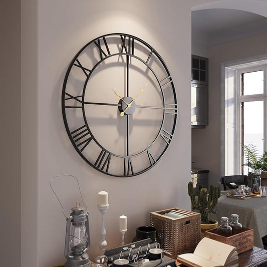 Large Wall Clock for Living Room Mantel Decor, 36 Inch Wall Clock Battery Operated, Metal Round Roman Numeral Big Black Clock for Bedroom, Home, Kitchen, Office, Wall Decor