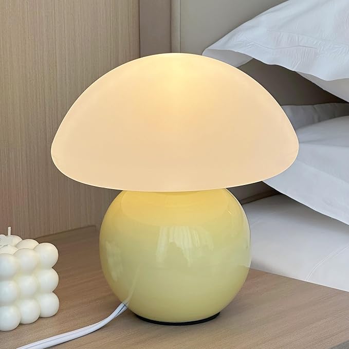 Mushroom Lamp Ceramic Base,Green Cute 70s Mid Century Modern Decor Lamp for Bedroom,Small Abstract Table Bedside Glass Mood Coze Fun Warm Light