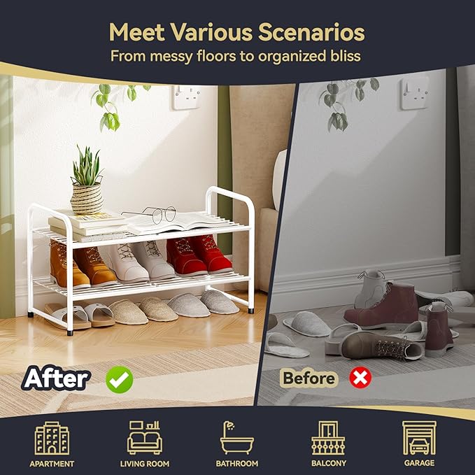 2-Tier 27” Wide Shoe Rack for Closet, Metal Stackable Shoe Shelf Organizer, White