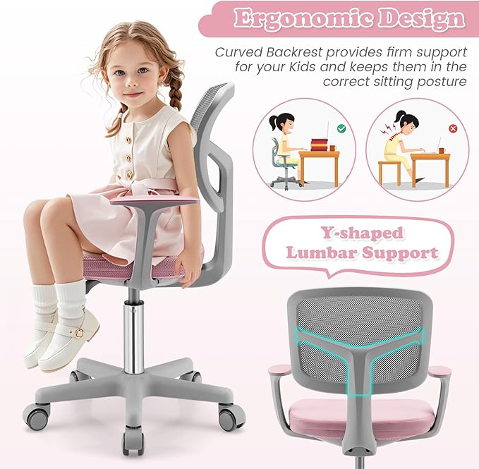 Giantex Kids Desk Chair, Children Computer Chair with Wheels and Y-Shaped Lumbar Support, Mesh Kids Study Seating, Height Adjustable Desk Chair for Girls Boys Aged 4-13, Pink