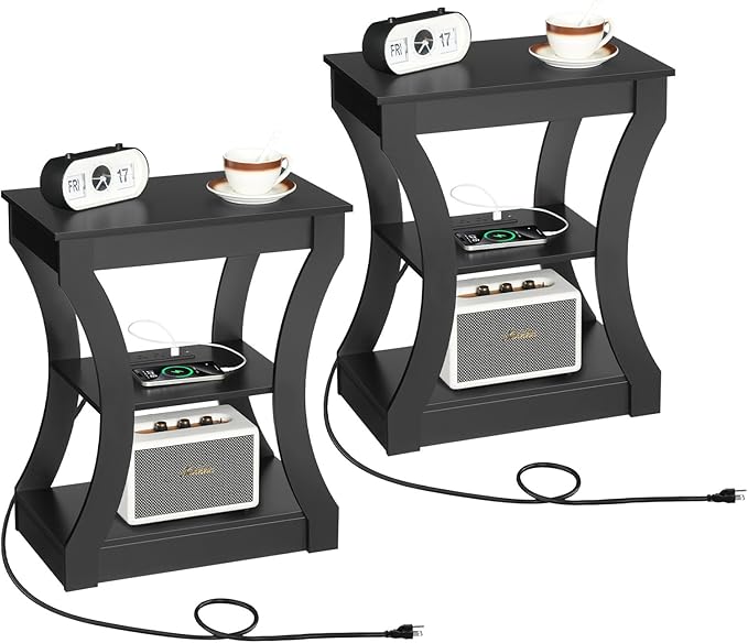 End Table with Charging Station, Set of 2, Side Table with USB Ports and Outlets, 3 Tier Nightstand with Storage Shelf for Small Spaces, Living Room, Bedroom, Black ETBK53E01S2