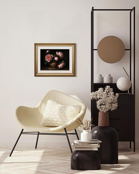 VIYYIEA Gold Framed Wall Art, Pink Peony Canvas Print Home Decor Vintage Art Painting Picture Bathroom Wall Decor, Flowers Artwork for Living Room Bedroom Kitchen Office - 16L x 13W