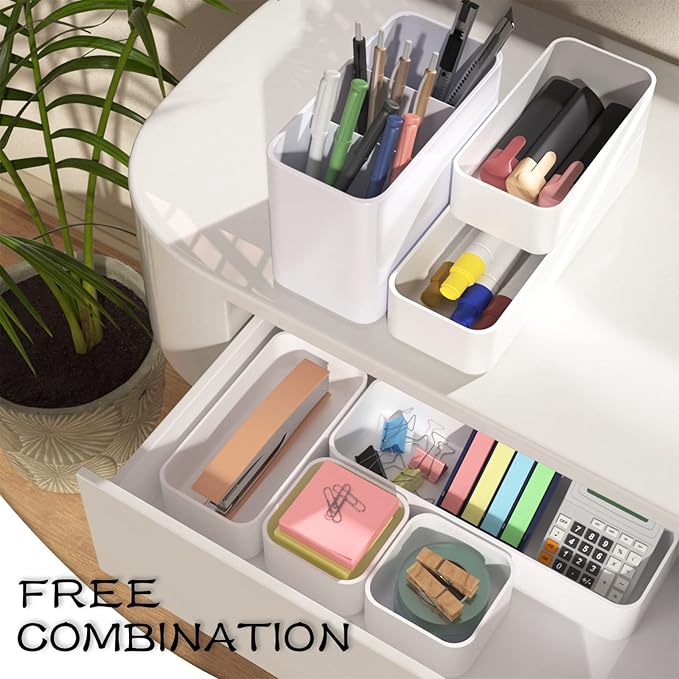 CHANCETSUI 6 PCS Stackable Drawer Organizers Set, Versatile Desk and Vanity Drawer Organizer Trays, Storage Bins for Makeup, Bathroom, Bedroom, Kitchen and Office, White