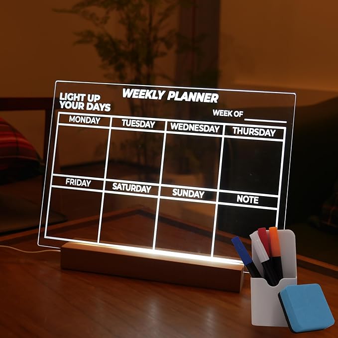 Dry Erase Weekly Planner with Light, 13x9, USB-Powered Light Up Whiteboard, Includes 4 Markers & Eraser, Monthly Planner, Productivity Tracker, Home & Office Calendar