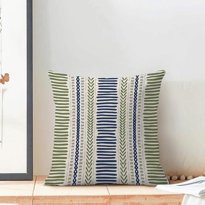 Boho Pillow Covers 18x18 Set of Blue Sage Green Stripes Throw Pillow Covers Outdoor Decoration, Abstract Modern Bohemian Farmhouse Linen Decorative Cushion Cover for Home Sofa Couch