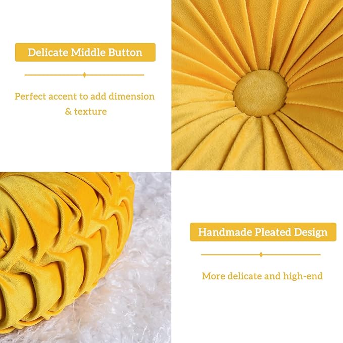 HIG Set of 2 Decorative Round Pleated Throw Pillows, Classy Accent Pumpkin Throw Pillows with Center Button, Vintage Velvet Floor Pillow for Sofa Couch Vanity Chair Bed, Yellow, 14.5" Diameter(RIPPLE)