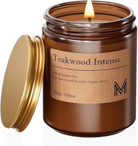 M&SENSE Teakwood Intense Candles for Home Scented Aromatherapy Candle Gift Set for Women and Men,7.05oz Soy Wax Long Lasting Amber Jar Candles Gift for Birthday Housewarming Mother's Valentine Day