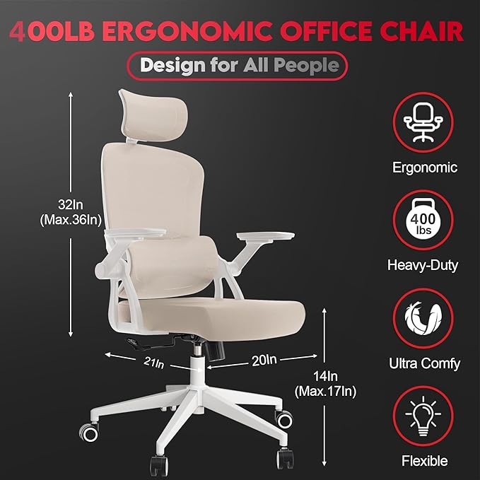 Ergonomic Office Chair - 400LB Comfy Desk Chairs with Headrest and Back Support, Heavy Duty Mesh Computer Chairs with Wheels and Arms for Home Office, Study, Bedroom and Dorm (04Khaki)