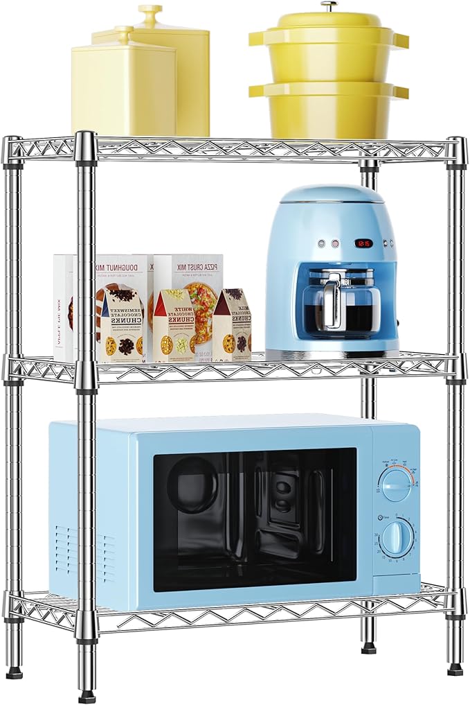 IZEUK 3 Tier Heavy Duty Steel Storage Shelves, Metal Shelf Wire Shelving Rack for Pantry, Kitchen, Cloakroom or Office Organization (11.8" D x 25.6" W x 31.5" H, 750LBS, Chrome)